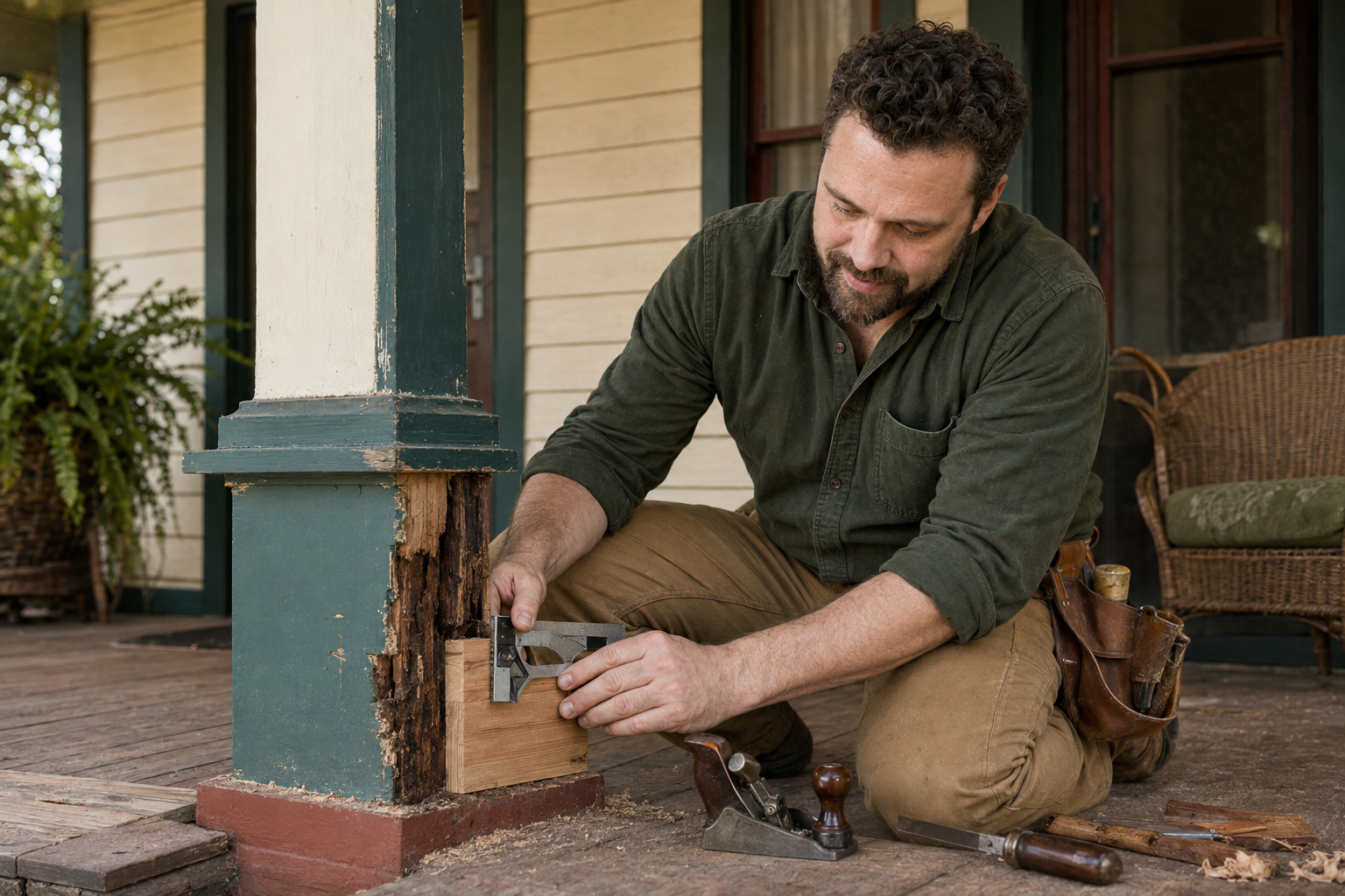 Jer Kifer fitting a wood repair into the base of a historic porch column