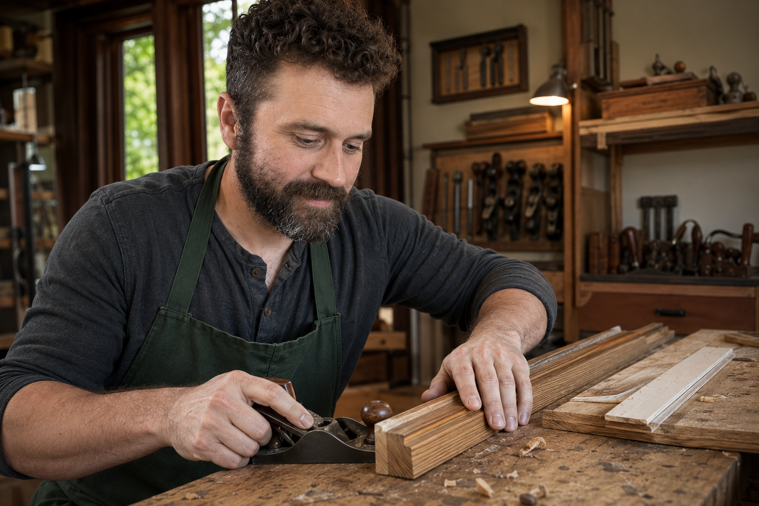 Jer Kifer using a hand plane to shape custom heart-pine trim at his workbench